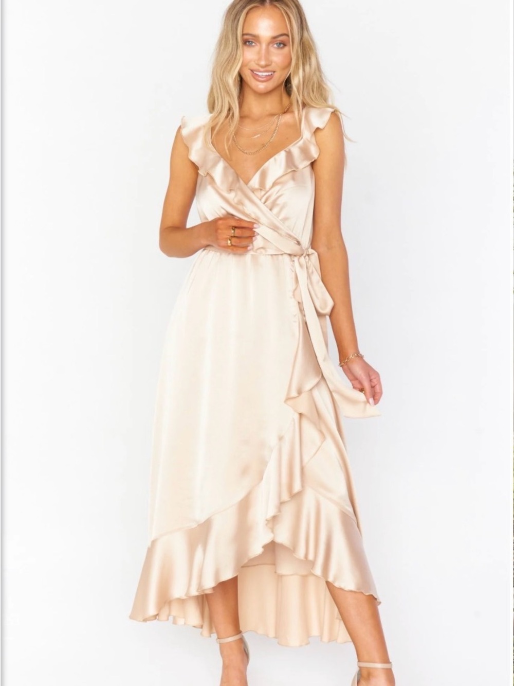 Show Me Your MuMu Champagne Satin Wrap Ruffle Midi Dress